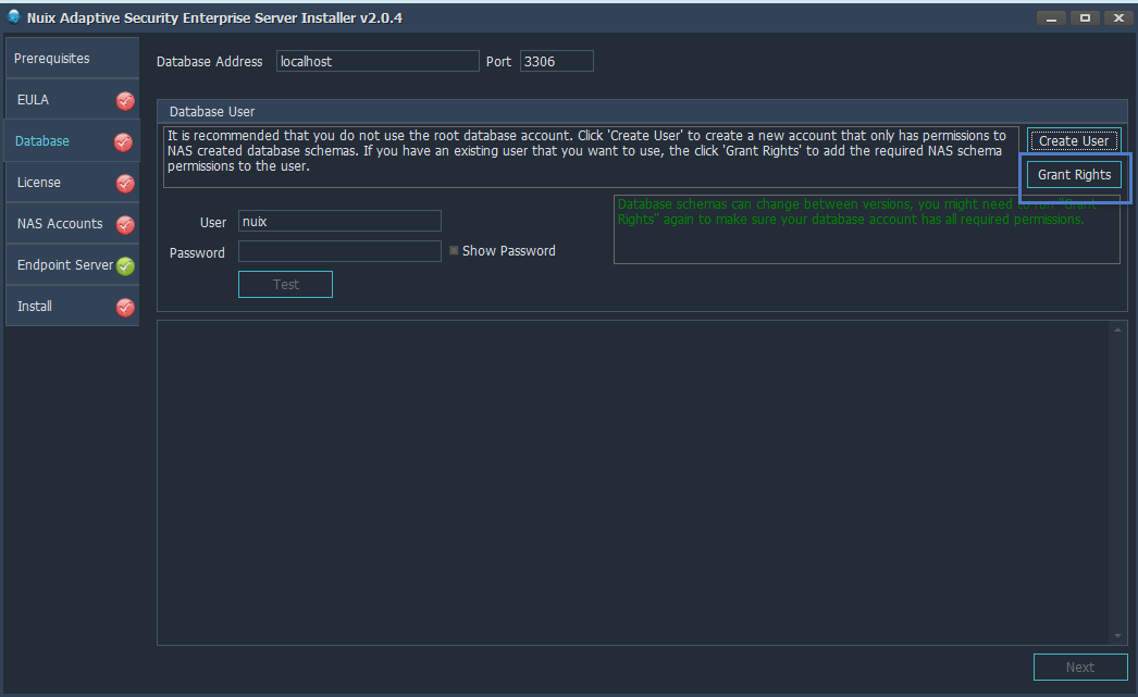 Granting rights for the database user. 